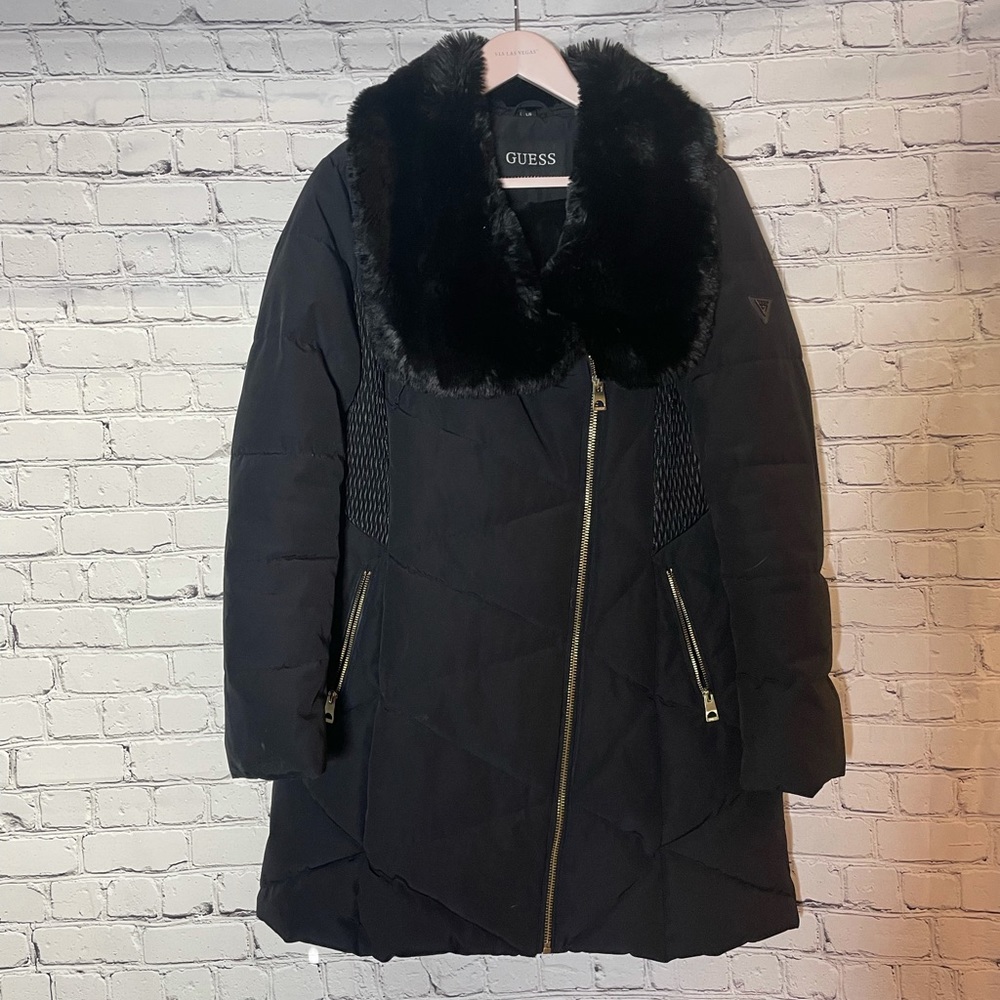 Guess mid length Womans puffer/fur jacket size Large